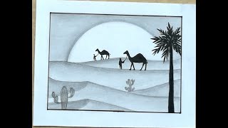 How to draw Scenery of Desert Step by Step|Easy Camel Drawing and Shading for Beginners