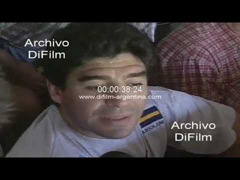 Interview with Diego Maradona on the tribune of a soccer field - 1998 FOOTAGE ARCHIVE STOCK
