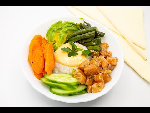 Salmon Poke Bowl - Raw Salmon with Steamed Rice and Veggies