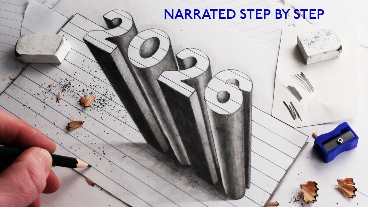 How to Draw 2026 with 3D Numbers Narrated for Beginners