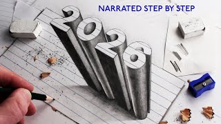 How to Draw 2026 with 3D Numbers Narrated for Beginners