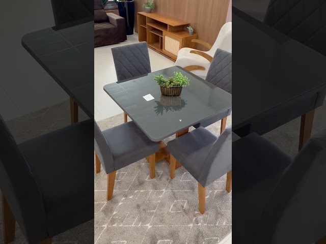 Mesa de Jantar 4 Lugares Magiore com Vidro Mel/Grafite/Veludo Cinza - Viero Móveis