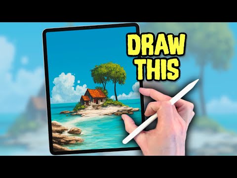 PROCREATE Landscape Drawing Tutorial - Beach Island Hut