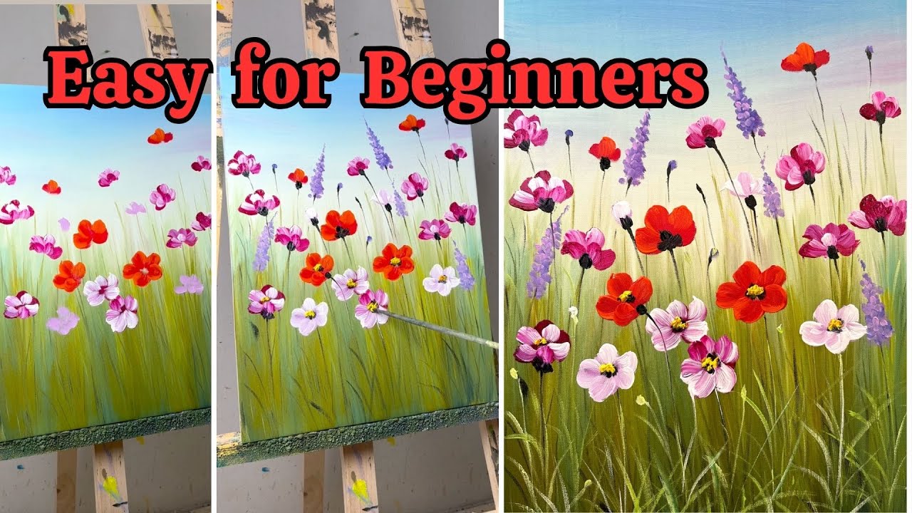 How to Paint Poppies and Wildflowers - Easy Acrylic Tutorial for Beginners