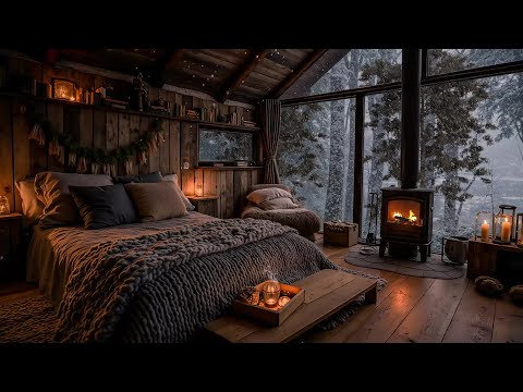 Cozy Winter Cabin Ambience ❄ Soft Jazz, Crackling Fireplace & Gentle Snowfall for Deep Sleep