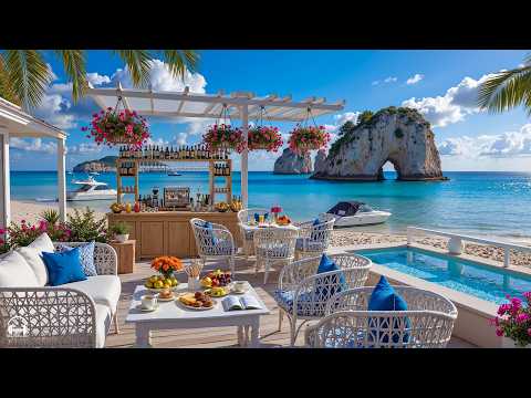 Summer Bossa Nova Jazz Music & Ocean Wave Sounds at Seaside Cafe Ambience for Uplifting Your Moods