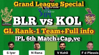 BLR vs KOL fanatsy team| bangaluru vs kolkata  team prediction|fantasy gl team of today match