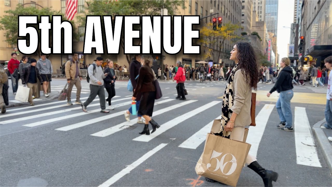 Immersive street-level walking tour through New York Fifth Avenue, United States, showcasing authentic urban landscapes, local architecture, and the vibrant atmosphere of the city's neighborhoods