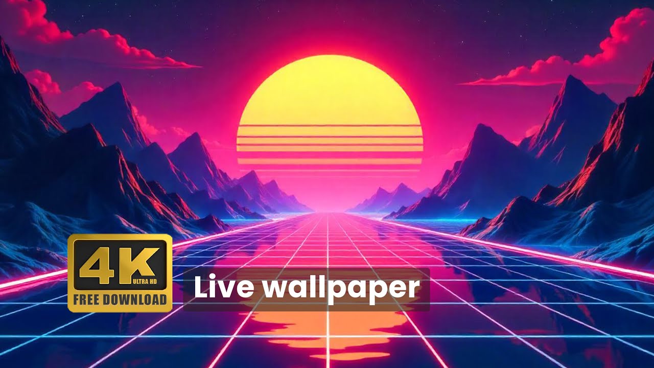 Copyright Free Retro Synthwave Road Sunset Live Wallpaper 4K | Neon Grid Mountains Background
