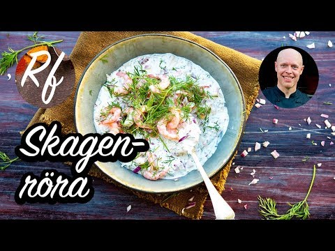 How to make Skagenröra - a traditional Swedish creamy dish with shrimps, mayonnaise, crème fraiche or gräddfil, lemon, chopped dill and red onion. >