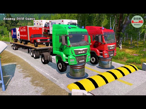 Double Flatbed Trailer Truck vs speed bumps|Busses vs speed bumps|Beamng Drive|235