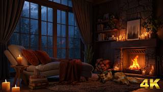 10 HOURS of Heavy Thunderstorm and Rain on Windows - With Crackling Fireplace & Sleeping Pets