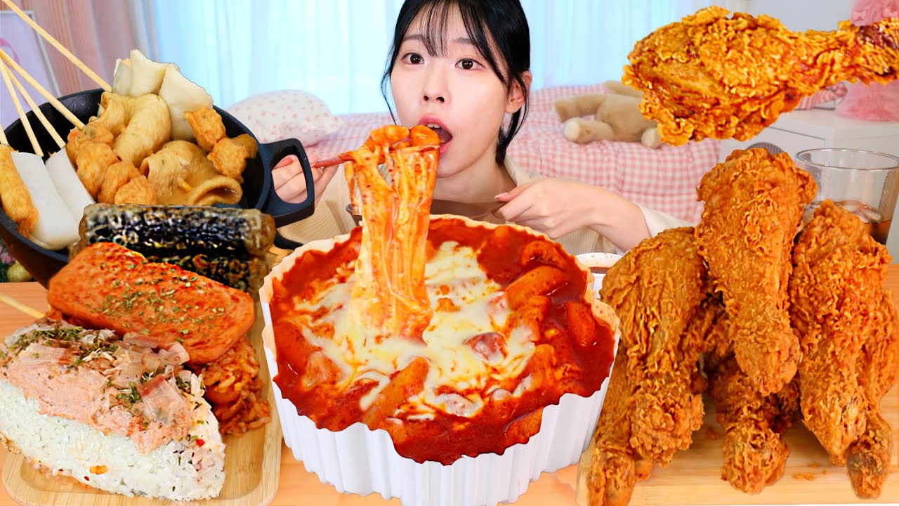 ASMR MUKBANG| 엽기떡볶이 후라이드 치킨 김밥 핫도그 먹방 & 레시피 FRIED CHICKEN AND TTEOKBOKKI EATING