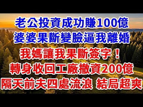 老公投資成功賺100億，婆婆果斷變臉逼我離婚，我媽讓我果斷簽字！轉身收回工廠撤資200億，隔天前夫四處流浪，結局超爽！#思妤說故事#為人處世#生活經驗#情感故事#晚年哲理#說故事#完結文#原創故事