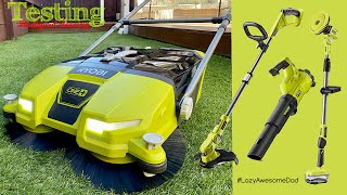 RYOBI 18v ONE+ motorised sweeper scrubber & trimmer on synthetic grass review & test - R18SW3-0
