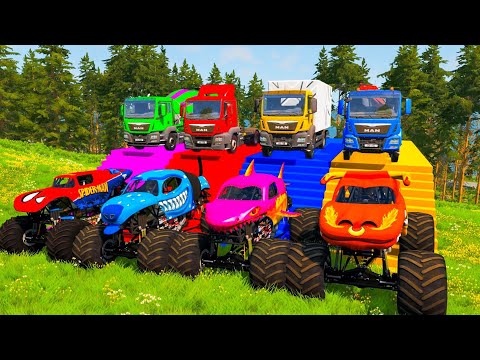 Flatbed Trailer Truck Rescue Bus - Cars vs Deep Water - Truck and Trains Crash - BeamNG Drive