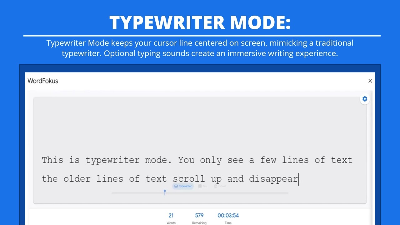 WordFokus Typewriter Mode demonstration showing centered text focus