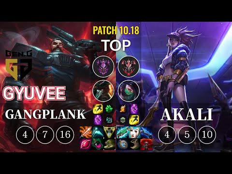 GEN gyuvee Gangplank vs Akali Top - KR Patch 10.18