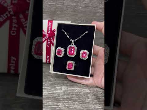 Подарок девушке набор серьги колье кольцо "Классика розовый сапфир" цирконы в серебристой оправе в коробочке - фото 2 - id-p2365230953
