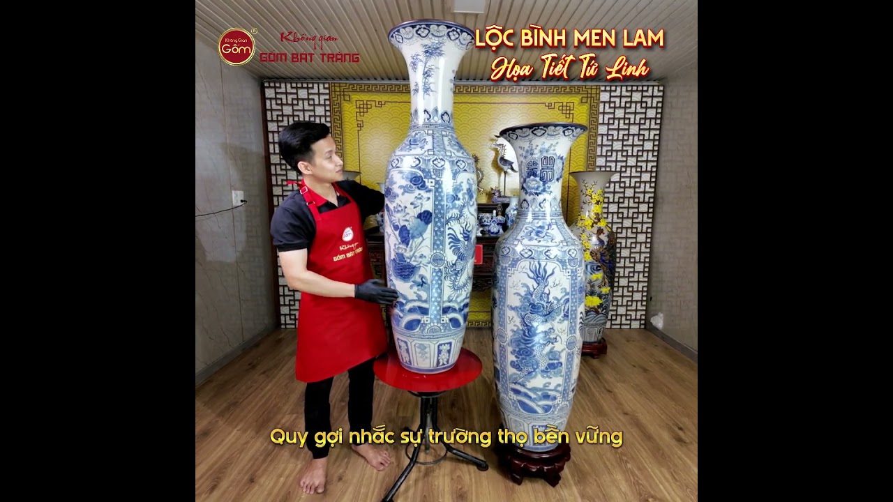 Lộc Bình 1M4 Men Lam Họa Tiết Tứ Linh