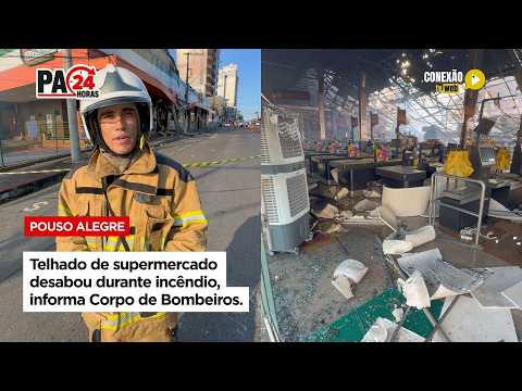 Vídeo: Telhado de supermercado desabou durante incêndio, informa Corpo de Bombeiros.