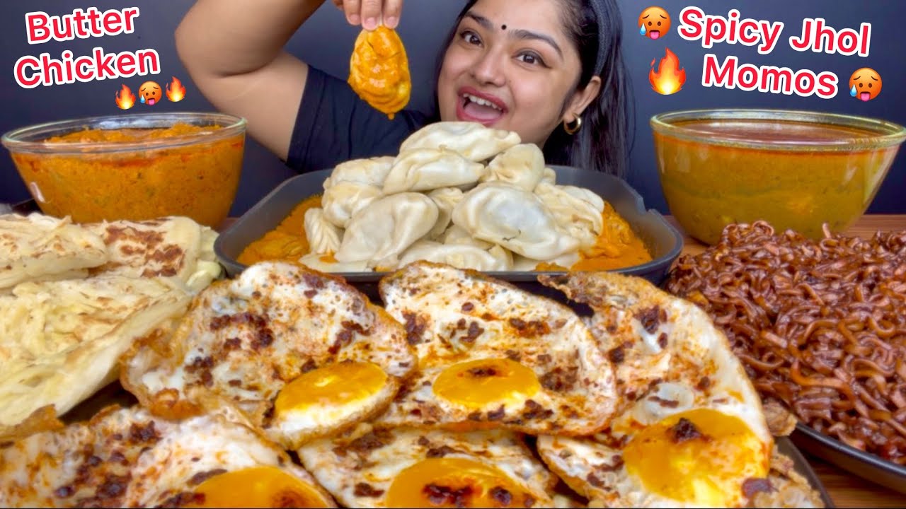 SPICY CHICKEN JHOL MOMO, CREAMY BUTTER CHICKEN WITH CHEESY LACCHA PARATHA, EGGS & BLACKBEAN NOODLES 