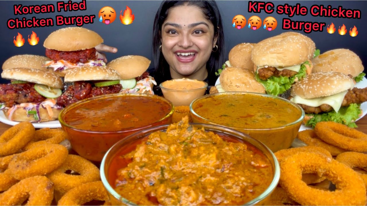 SPICY KOREAN FRIED CHICKEN BURGER AND KFC STYLE FRIED CHICKEN BURGER WITH BUTTER CHICKEN, ONION RING