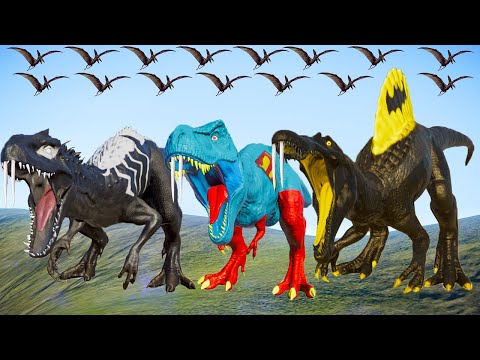 Venom I-rex vs Superman T-Rex, Batman Spinosaurus & Dinosours Fighting Jurassic World Evolution