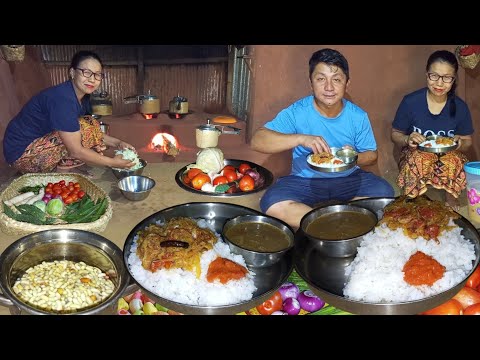 Simple Nepali Village Food: Cabbage Fry & Beans Dal with Rice Cooking and Eating in Village Kitchen