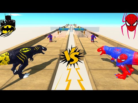 SPIDERMAN T-REX vs BATMAN T-REX RACE BATTLE COMPETITION - Animal Revolt Battle Simulator