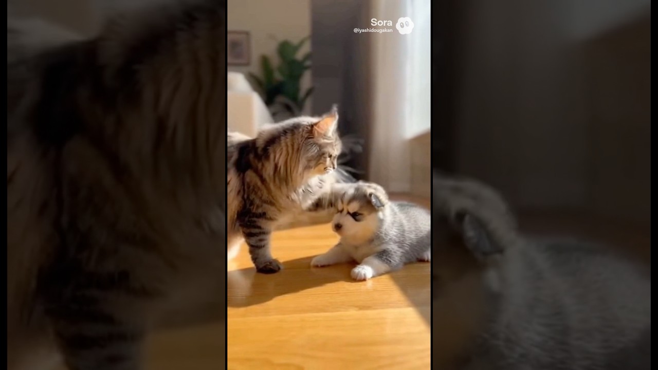 Hero Dog Protects a Puppy from a Cat 😭（子犬を猫から守る親犬😭）