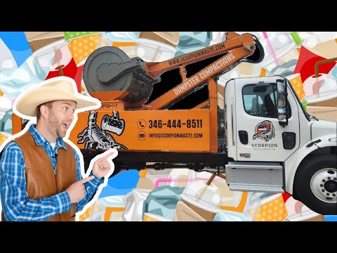 Man in a cowboy hat points at an orange Scorpion Waste Compaction truck with contact info, set against a colorful trash-themed background.