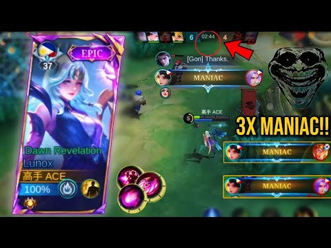 LUNOX 2 MINUTES MANIAC! 3X MANIAC IN ONE GAME! 22 KILLS BEST GAMEPLAY (WORLD RECORD) - MLBB