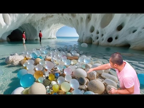 A beach made of white rocks, filled with crystal balls.