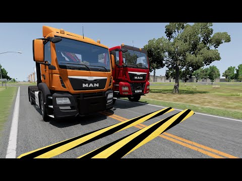 Double Flatbed Trailer Truck vs Speedbumps | Cars vs Rails Beamng.Drive