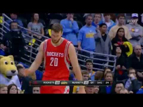 Donatas Motiejunas works over Kenneth Faried in overtime