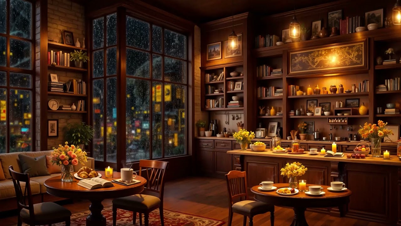 Cozy Coffee Shop Ambience 🌧️ Relaxing Jazz Background Music with Soothing Rain for Focus, Sleep