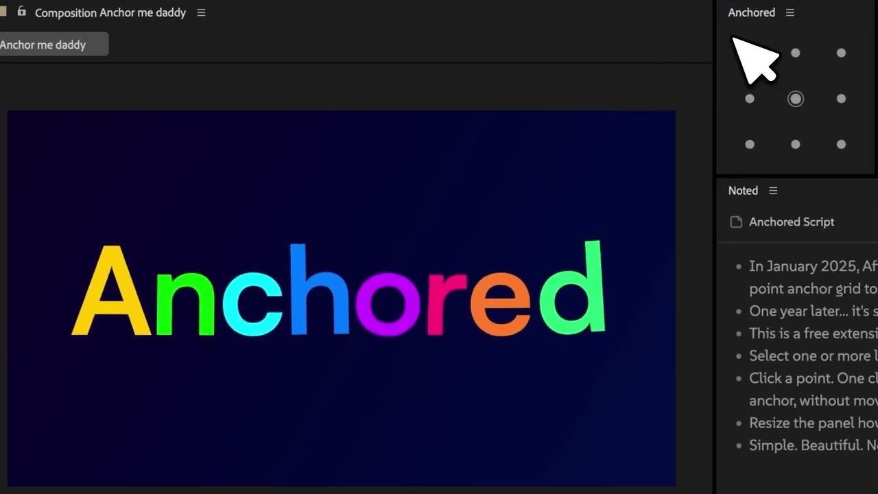 Anchored, one-click 9-point anchor point setter for After Effects, demo by Davey Design