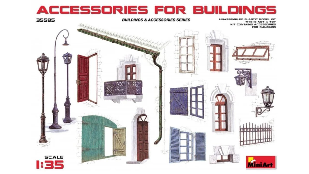 Unboxing ACCESSORIES FOR BUILDINGS 1/35 MINIART 35585 Scale Plastic Model Store Kit