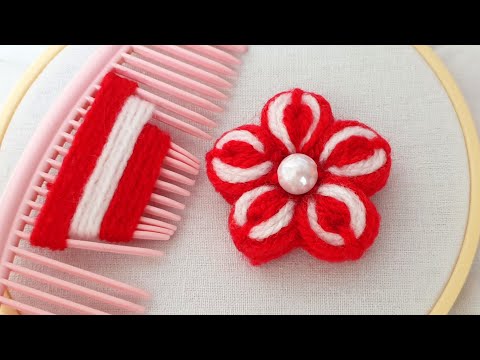 Easy Woolen Flower Making Idea using Hair comb - Hand Embroidery Design - Amazing Trick - No Crochet