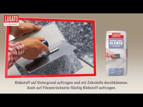 Part of a video titled Anleitung: Naturstein verkleben: Marmor + Granit Kleber von Lugato