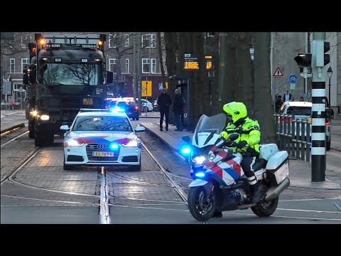 Spoedbegeleiding van 26 legertrucks door politie voor demonstraties in Den Haag