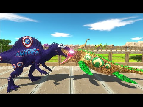 CAPTAIN AMERICA SPINOSAURUS VS AQUAMAN MOSASAURUS DEATH RUN - Animal Revolt Battle Simulator