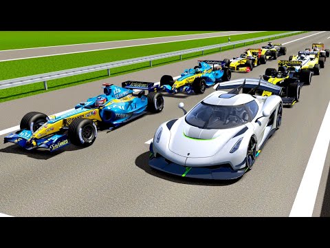 Koenigsegg Jesko vs Renault F1 Cars - Autobahn