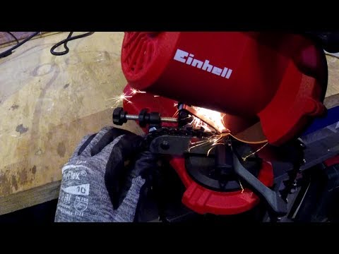 Sharpening the saw chain with the Einhell GC CS 85 E saw chain sharpener for chainsaws