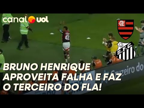 QUE LAMBANÇA! DEFESA DO SANTOS FALHA, BRUNO HENRIQUE ROUBA A BOLA E FAZ O TERCEIRO GOL DO FLAMENGO!