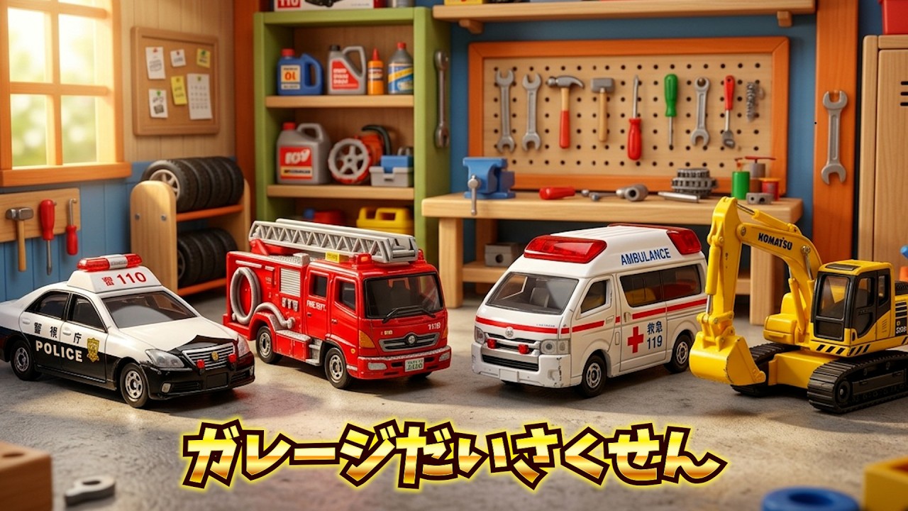 ガレージだいさくせん！トントンカンカンなおそう🛠️パトカー・消防車等働く車をピカピカに✨Fix The Working Cars #はたらくくるま #知育 #子ども #人気 #youtubekids