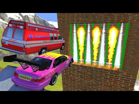 High Speed Jump Through Green Laser & Fire & Smoke Gas Wall Crashes In Empty Pool - BeamNG drive