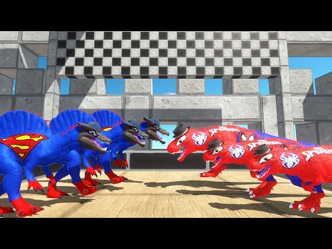 x3 Spiderman T-rex VS x3 Superman Spino Dino Racing Championship - Animal Revolt Battle Simulator