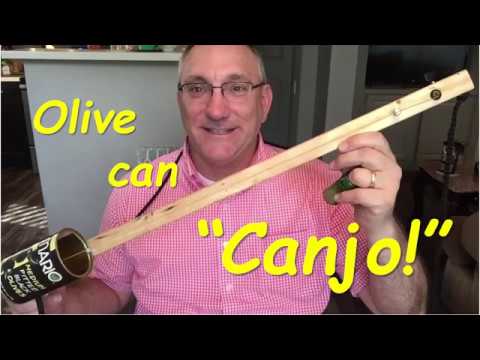 Olive can canjo stringed instrument build (tin can diddley bow)